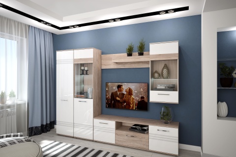 Гостиная Валери Дуб Сонома/Белый Глянец МДФ (Ш-2228 x В-2046 x Г-385 мм)